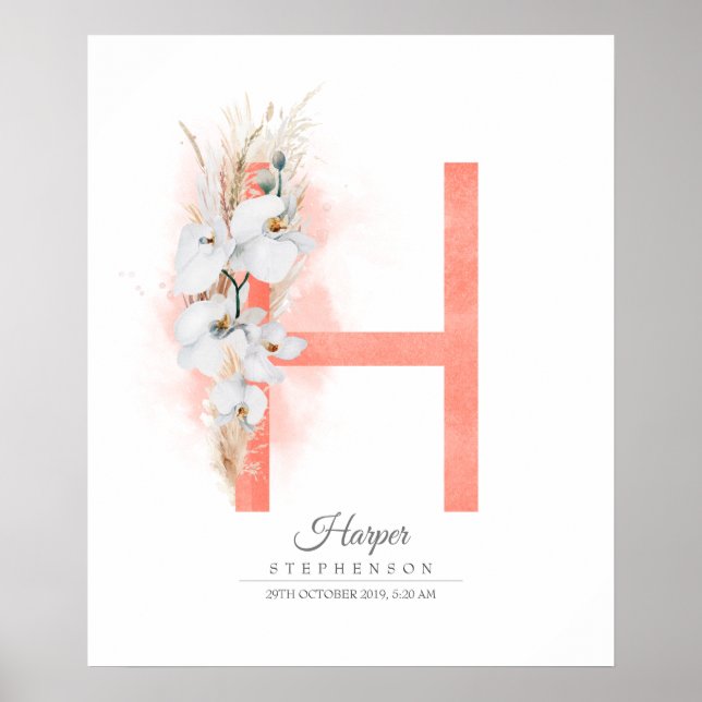 H Letter Monogram White Orchids and Pampas Grass Poster (Front)