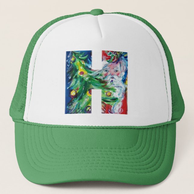 H LETTER / SANTA WITH CHRISTMAS TREE MONOGRAM TRUCKER HAT (Front)
