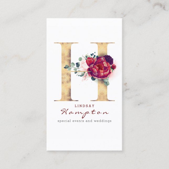 H Monogram Burgundy Red Flowers and Faux Gold Business Card (Front)