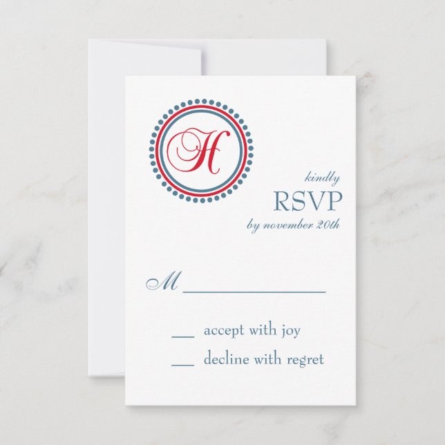 H Monogram Dot Circle RSVP Cards (Red / Blue) (Front)