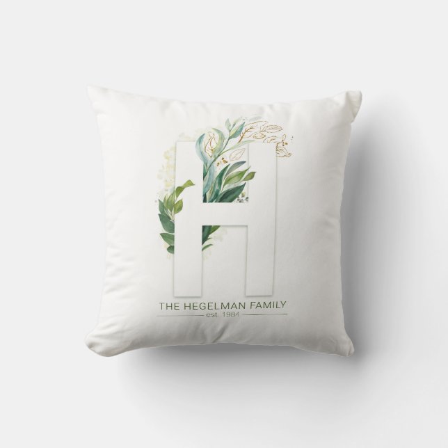 H Monogram Elegant Gold Greenery Family Name Cushion (Front)