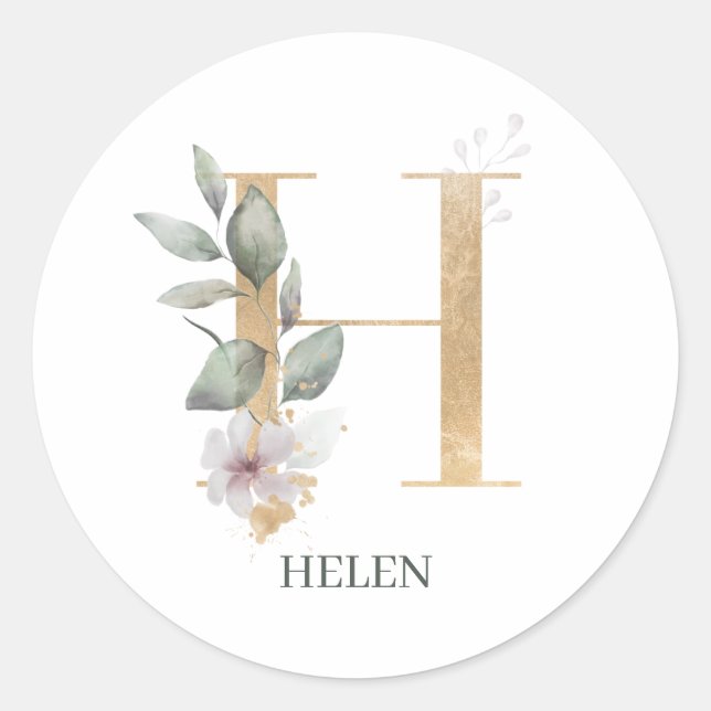 H Monogram Floral Personalised Classic Round Sticker (Front)