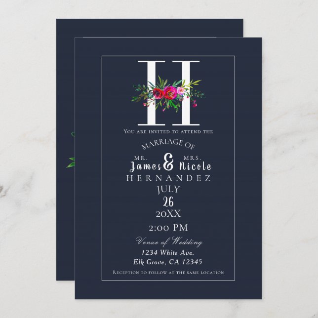 H Monogram Last Initial Modern Blue Floral Wedding Invitation (Front/Back)