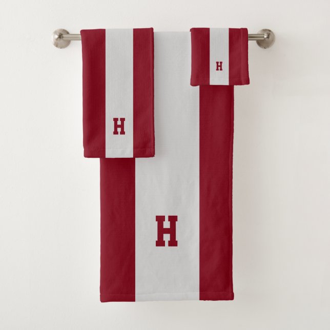 H Monogram on Crimson & Light Grey Striped Bath Towel Set (Insitu)