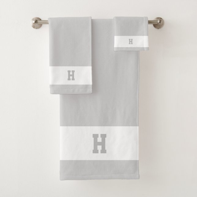 H Monogram on Light Grey & White Bath Towel Set (Insitu)