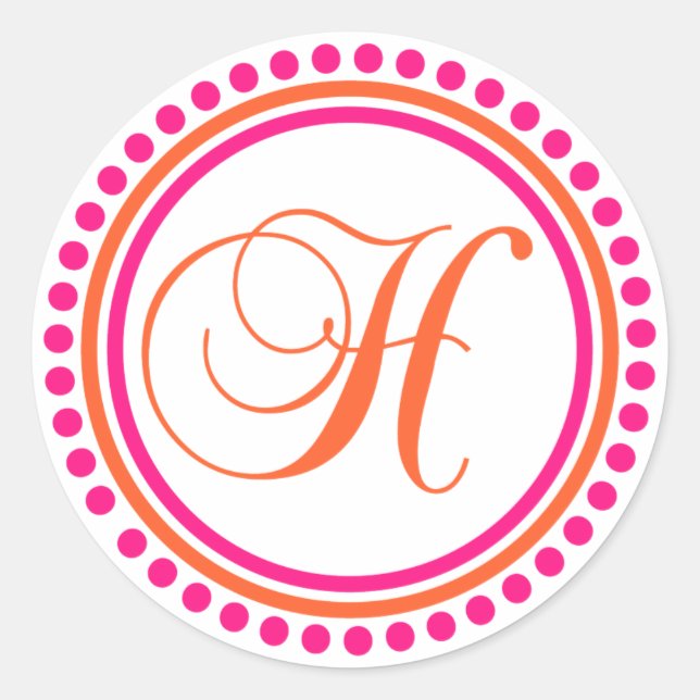 H Monogram (Pink / Orange Dot Circle) Classic Round Sticker (Front)