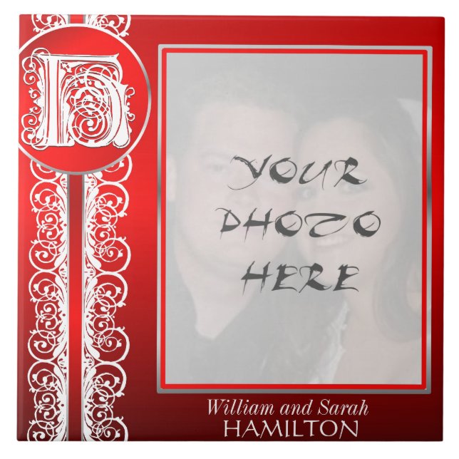 H Monogram "White Lace on Red" with Photo - Tile (Front)