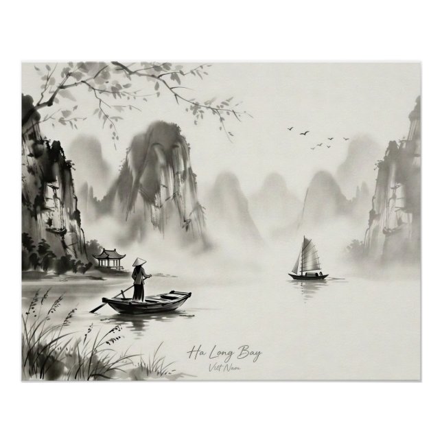 Ha Long Bay Vietnam Ink Wash Landscape Poster (Front)