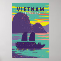 Ha Long Bay Vietnam Junk Boat Travel Art Vintage