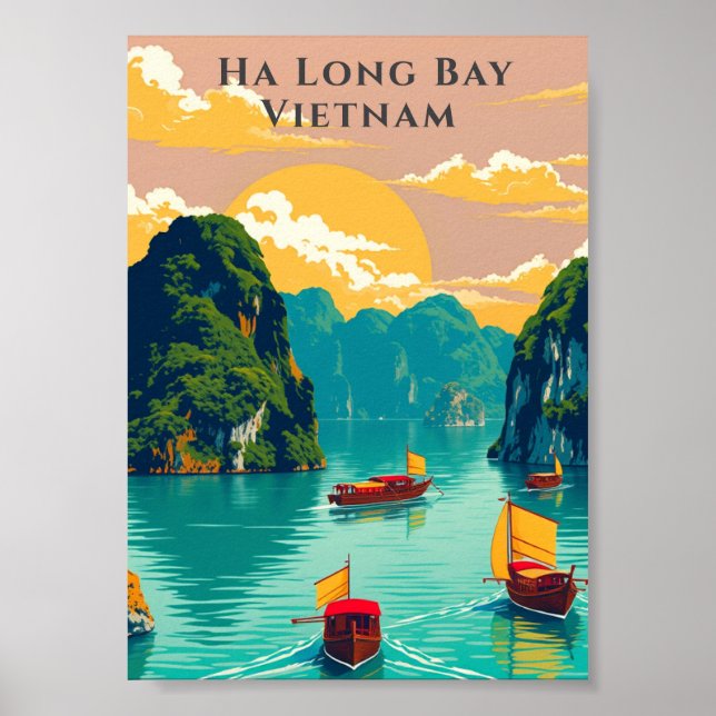 Ha Long Bay Vietnam Traditional Boats Scenic Poster (Front)