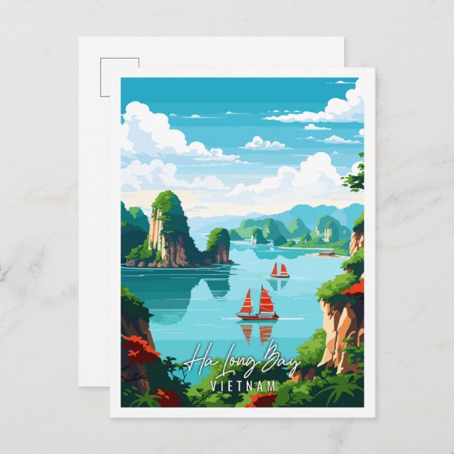 Ha Long Bay Vietnam vintage travel illustration Postcard (Front/Back)