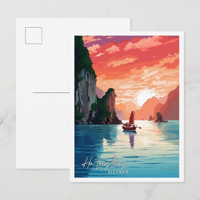 Ha Long Bay Vietnam vintage travel illustration Postcard (Front/Back)