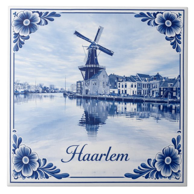Haarlem windmill Delft Blue style ceramic tile (Front)