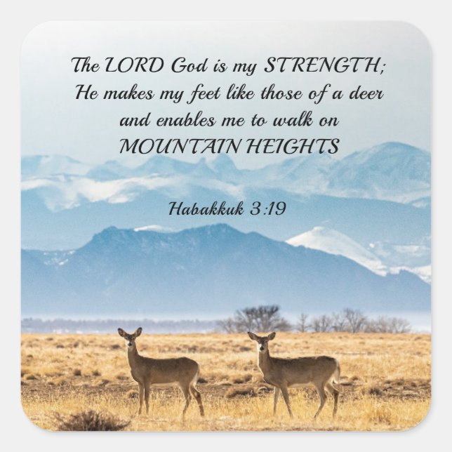 Habakkuk 3:19 Bible Verse Deer and Mountains Square Sticker (Front)