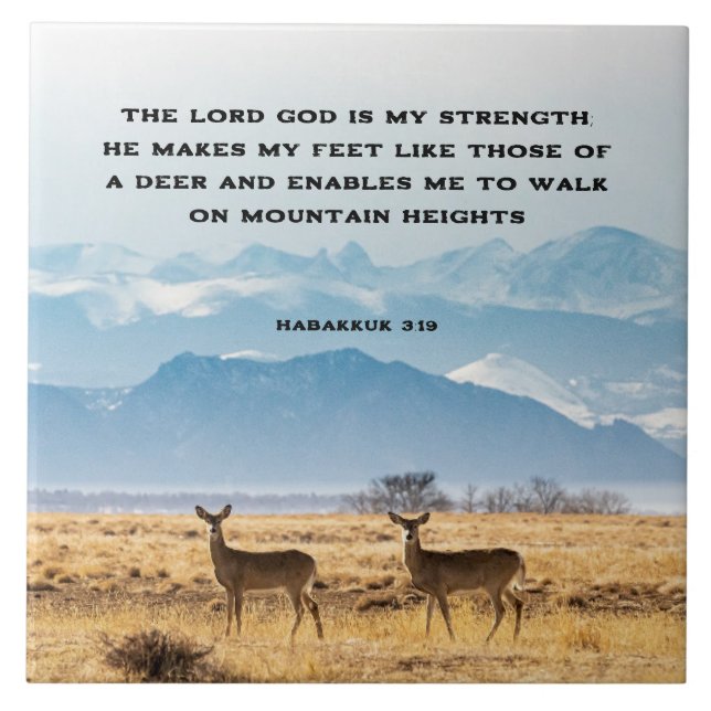 Habakkuk 3:19 Bible Verse Deer and Mountains Tile (Front)