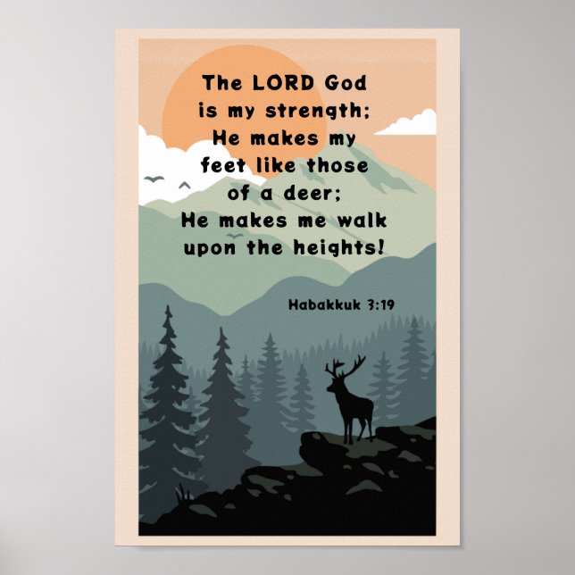 Habakkuk 3:19 Bible Verse Deer on Mountain Poster (Front)