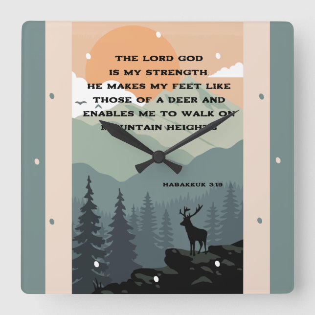 Habakkuk 3:19 Bible Verse Deer on Mountain Square Wall Clock (Front)