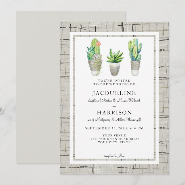 Hacienda Style Cactus Courtyard in Grey Wedding Invitation (Front/Back)