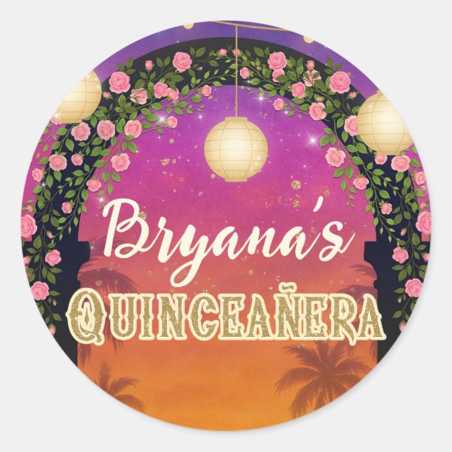 Hacienda Sunset Floral Arch Quinceañera  Classic Round Sticker (Front)