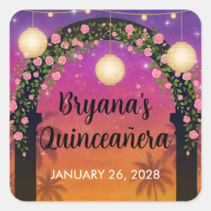 Hacienda Sunset Floral Arch Quinceañera Square Sticker