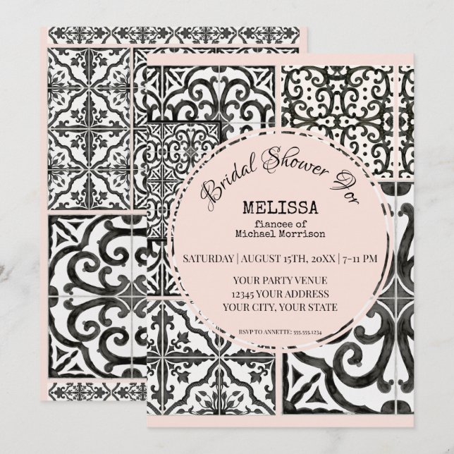 Hacienda Tile Black Blush Modern Bridal Shower Invitation (Front/Back)
