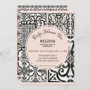 Hacienda Tile Black White Blush Modern Baby Shower Invitation