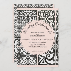 Hacienda Tile Black White  Blush Modern Wedding Invitation