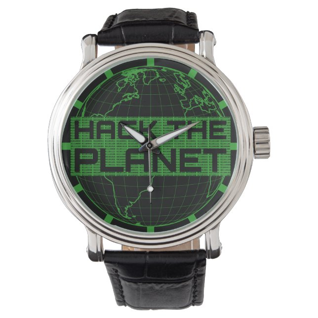 Hack the Planet Green Globe Computer Hacker Design Watch (Front)