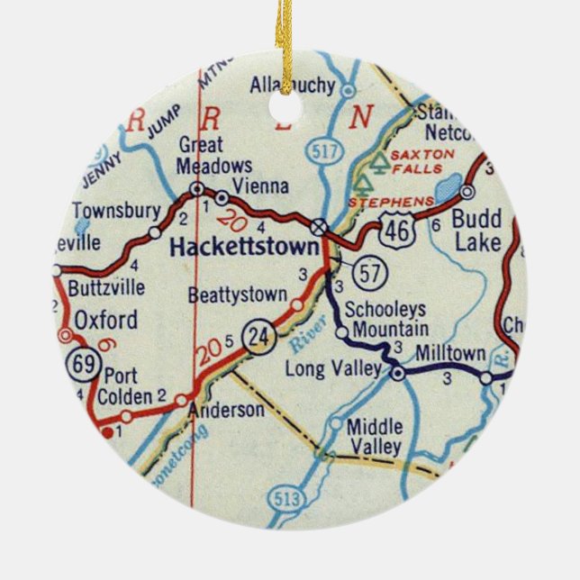 Hackettstown NJ Retro Map Ceramic Tree Decoration (Back)