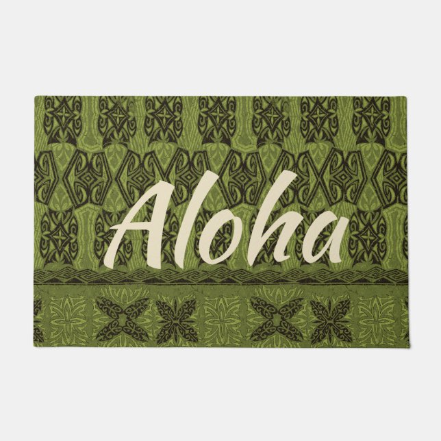 Haena Beach Hawaiian Primitive Tapa Aloha Olive Doormat (Front)