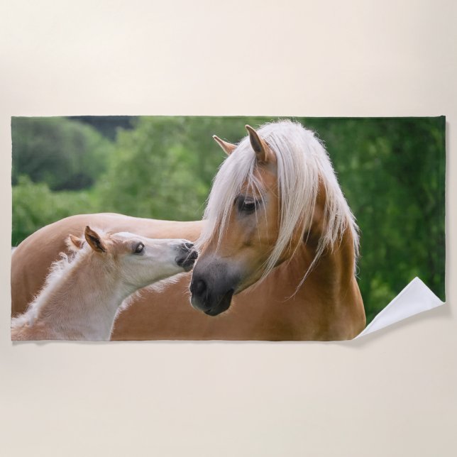 Haflinger Cute Horses Foal and Mum Cuddling Kiss , Beach Towel (Front)