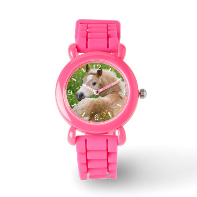 Haflinger Horse Cute Foal in Flowerbed  dial-plate Watch (Front)