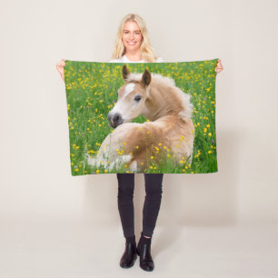 Haflinger Horse Cute Foal Resting in a Flowerbed Fleece Blanket