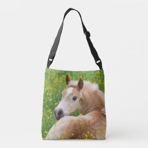 Haflinger Horse Cute Foal Resting in Flowerbed - Crossbody Bag