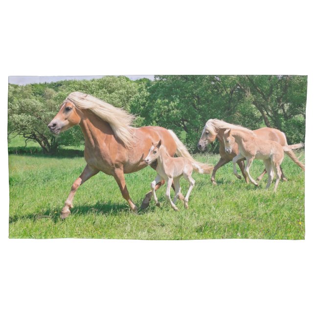 Haflinger Horses with Cute Foals Run Funny Photo - Pillowcase (Front)