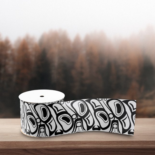 Haida Eagle Thunderbird Black White Pattern Grosgrain Ribbon (Creator Uploaded)