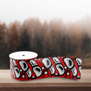 Haida Eagle Thunderbird Red Black Pattern Grosgrain Ribbon