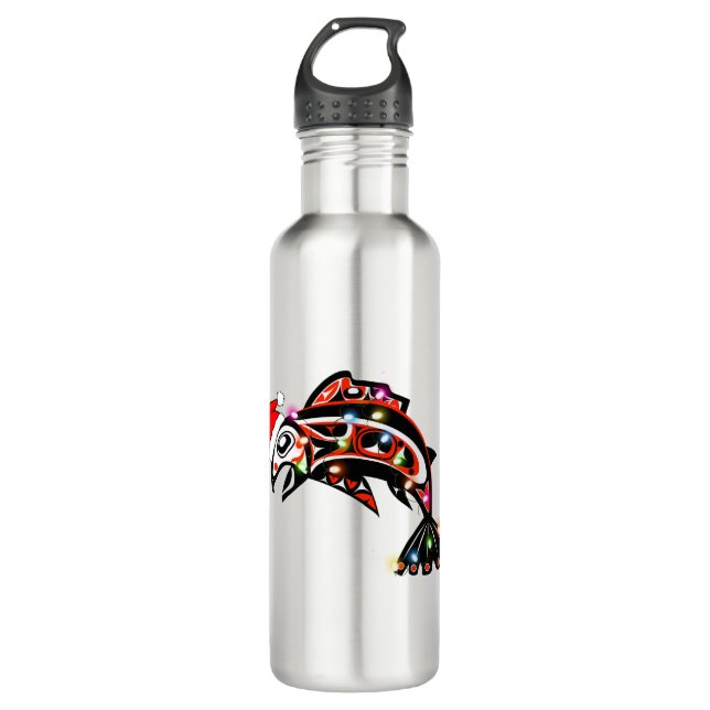 Haida Salmon Spirit Animal With Christmas Lights 710 Ml Water Bottle (Front)