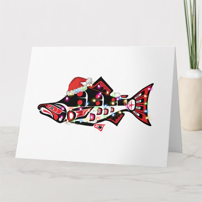Haida Salmon Spirit Animal With Christmas Lights Card (Front)