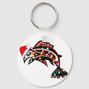 Haida Salmon Spirit Animal With Christmas Lights Key Ring