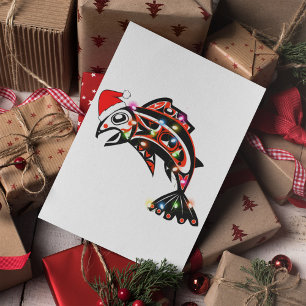 Haida Salmon Spirit Animal With Christmas Lights Postcard