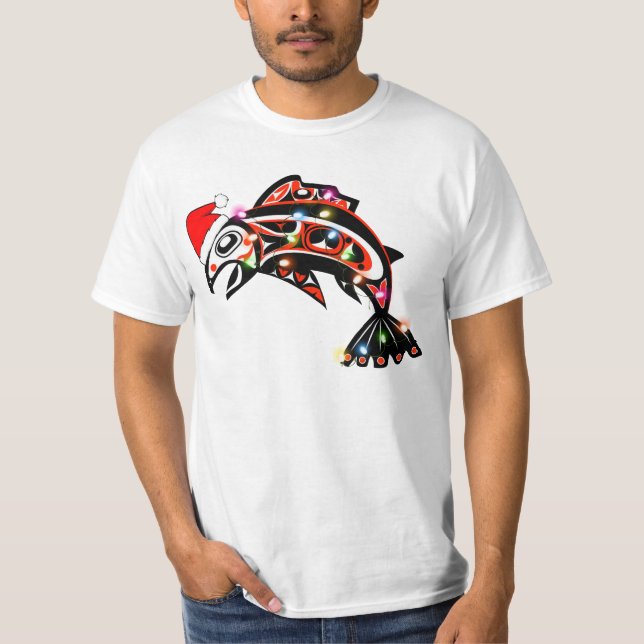Haida Salmon Spirit Animal With Christmas Lights T-Shirt (Front)