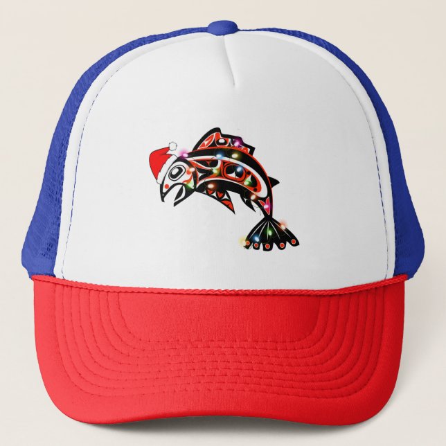 Haida Salmon Spirit Animal With Christmas Lights Trucker Hat (Front)