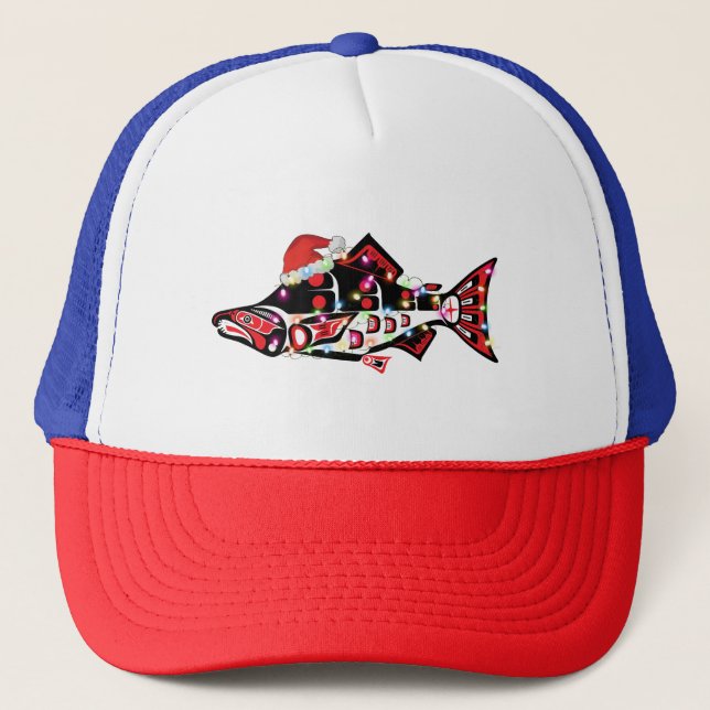 Haida Salmon Spirit Animal With Christmas Lights Trucker Hat (Front)