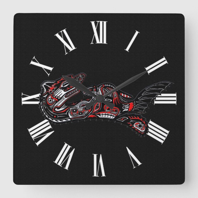 Haida-style Mother Otter and Baby Otter Native Art Square Wall Clock (Front)