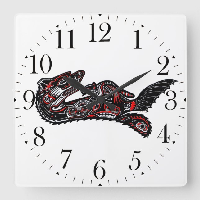 Haida-style Mother Otter and Baby Otter Native Art Square Wall Clock (Front)