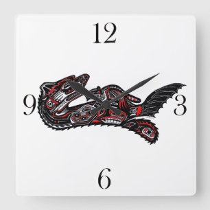 Haida-style Mother Otter and Baby Otter Native Art Square Wall Clock