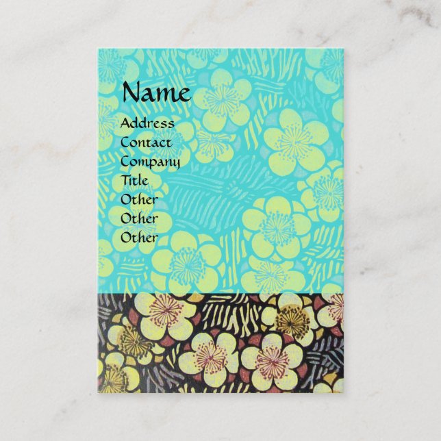 HAIKU / BLACK WHITE BLUE TURQUOISE SPRING FLOWERS BUSINESS CARD (Front)