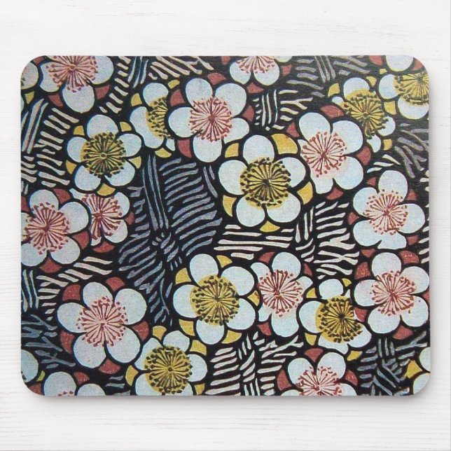 HAIKU/ BLACK WHITE PINK SPRING FLOWERS MOUSE MAT (Front)