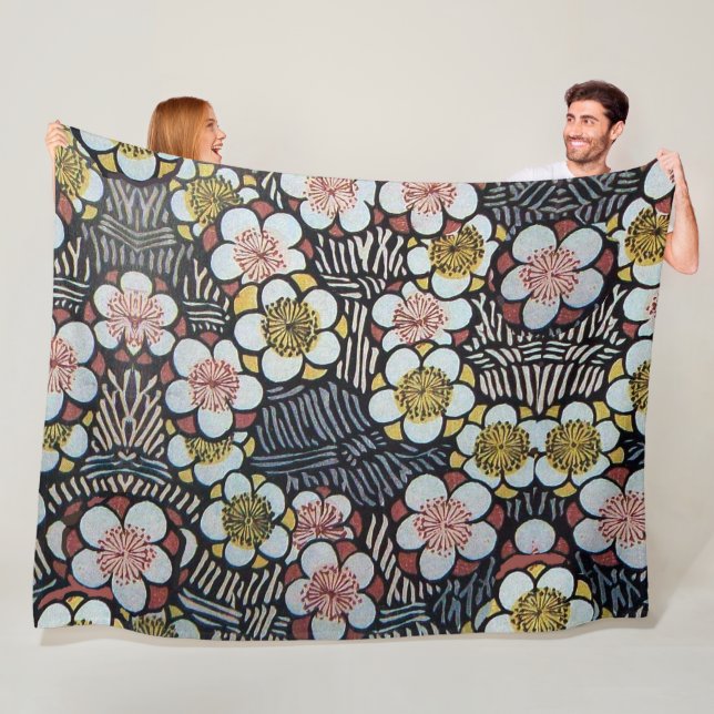 HAIKU/ BLACK WHITE PINK YELLOW SPRING FLOWERS FLEECE BLANKET (In Situ)